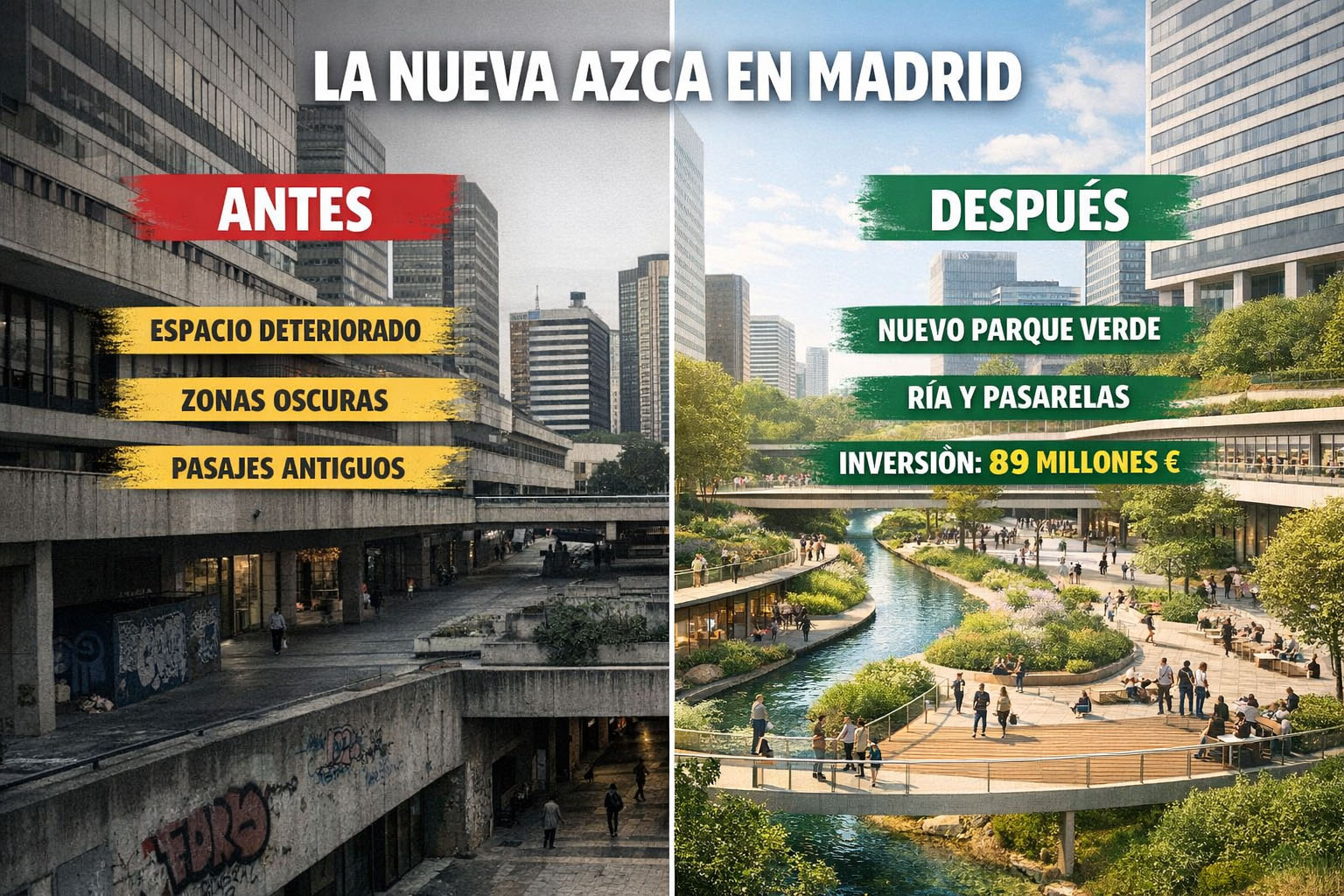 La reforma de AZCA en Madrid ya es oficial: así será el nuevo corazón financiero con parque, ría y 89 millones de inversión