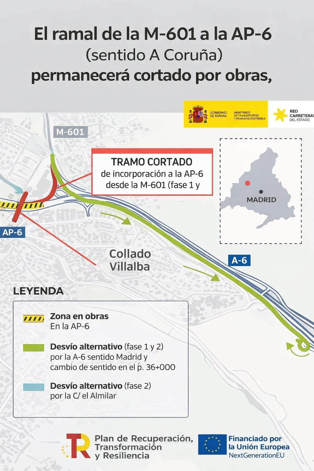 Corte del ramal de la M-601 a la AP-6 por obras de aislamiento acústico en Collado Villalba y Alpedrete